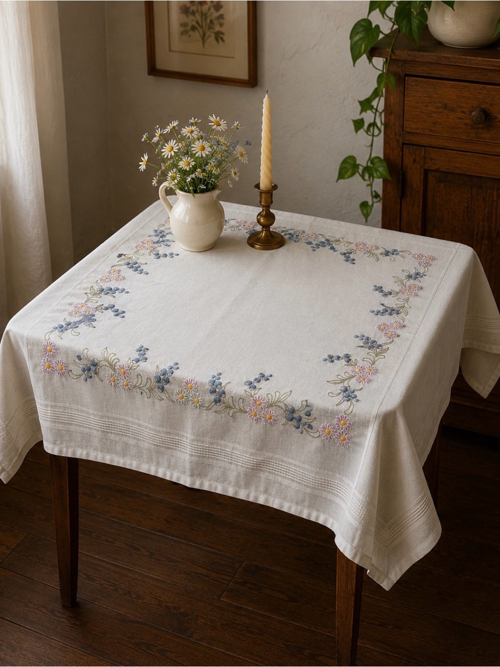Vintage Hand Embroidered Floral Linen Cotton Tablecloth